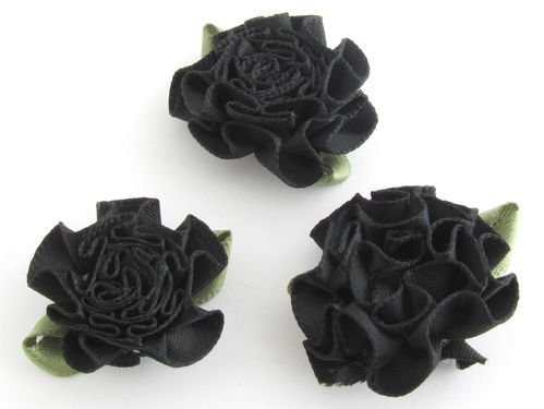 10 Stoffblumen mit Blatt Schwarz